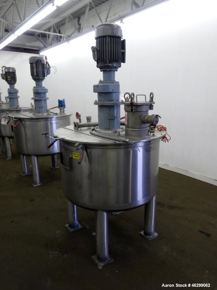 Used Tank, Approximately 120 Gallons, 304 Stainless Steel, Vertical. 40" Diameter x 22" straight side. Bolt-on flat top with 1/4 hinged cover, dished bottom. Top entering agitator, with 2" diameter s...