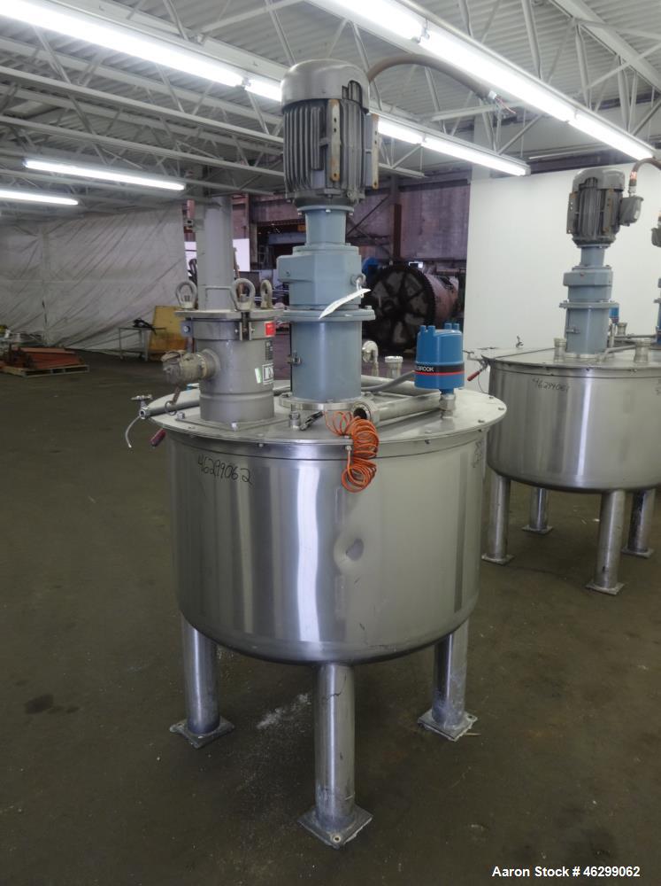 Used Tank, Approximately 120 Gallons, 304 Stainless Steel, Vertical. 40" Diameter x 22" straight side. Bolt-on flat top with 1/4 hinged cover, dished bottom. Top entering agitator, with 2" diameter s...