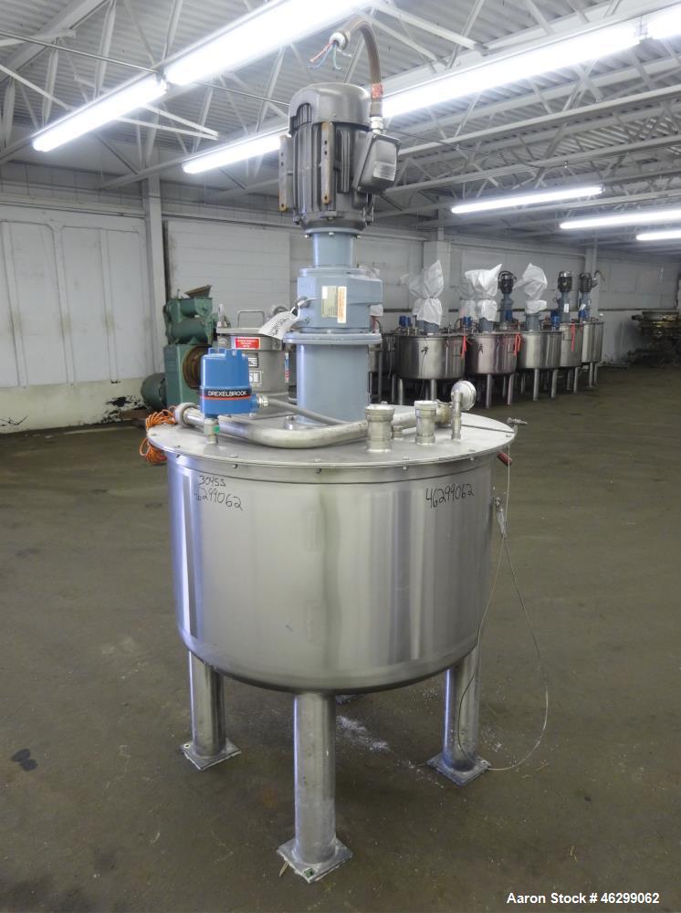 Used Tank, Approximately 120 Gallons, 304 Stainless Steel, Vertical. 40" Diameter x 22" straight side. Bolt-on flat top with 1/4 hinged cover, dished bottom. Top entering agitator, with 2" diameter s...