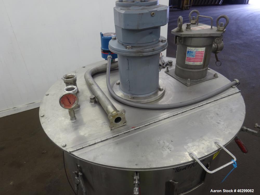 Used Tank, Approximately 120 Gallons, 304 Stainless Steel, Vertical. 40" Diameter x 22" straight side. Bolt-on flat top with 1/4 hinged cover, dished bottom. Top entering agitator, with 2" diameter s...