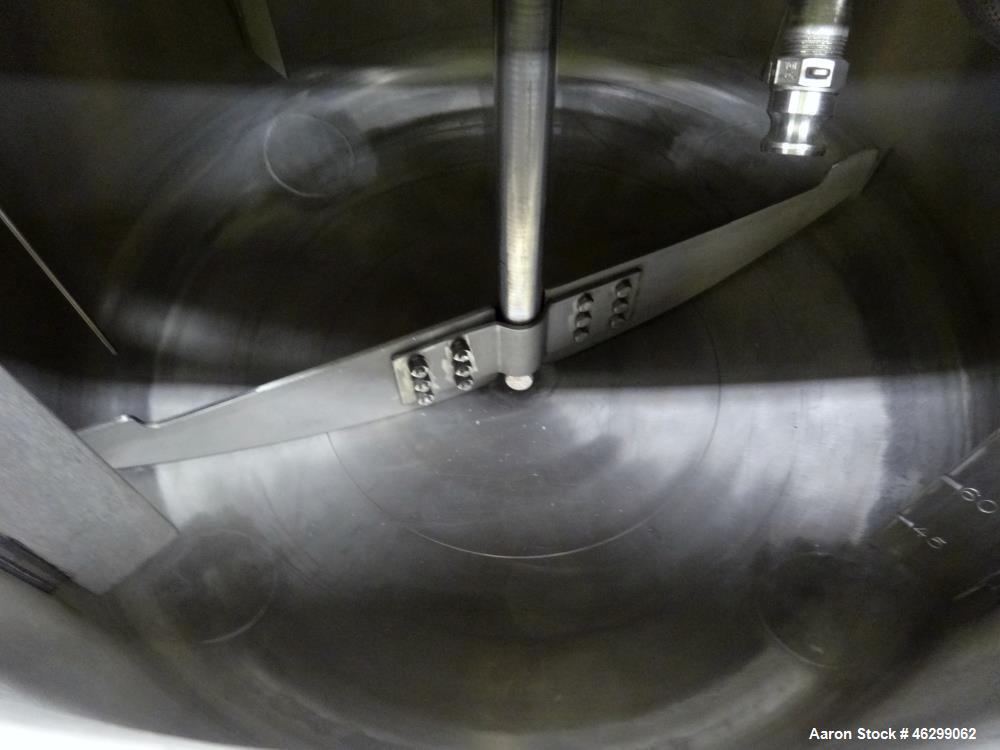 Used Tank, Approximately 120 Gallons, 304 Stainless Steel, Vertical. 40" Diameter x 22" straight side. Bolt-on flat top with 1/4 hinged cover, dished bottom. Top entering agitator, with 2" diameter s...