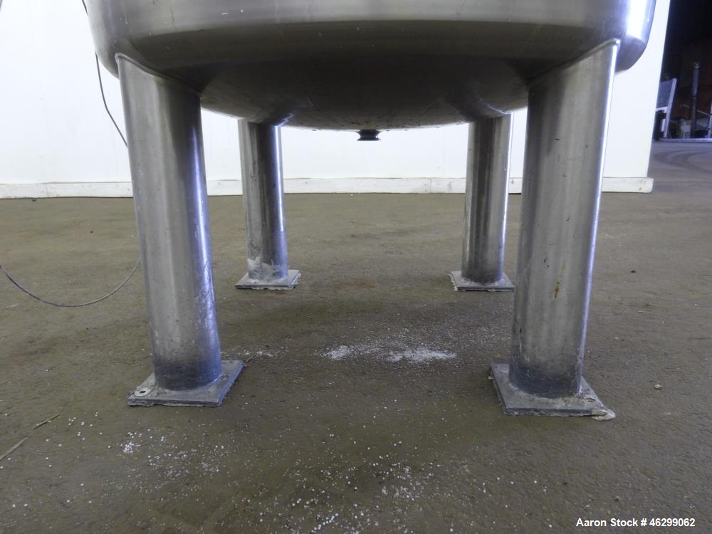 Used Tank, Approximately 120 Gallons, 304 Stainless Steel, Vertical. 40" Diameter x 22" straight side. Bolt-on flat top with 1/4 hinged cover, dished bottom. Top entering agitator, with 2" diameter s...