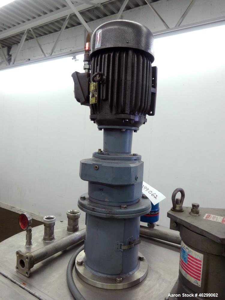 Used Tank, Approximately 120 Gallons, 304 Stainless Steel, Vertical. 40" Diameter x 22" straight side. Bolt-on flat top with 1/4 hinged cover, dished bottom. Top entering agitator, with 2" diameter s...