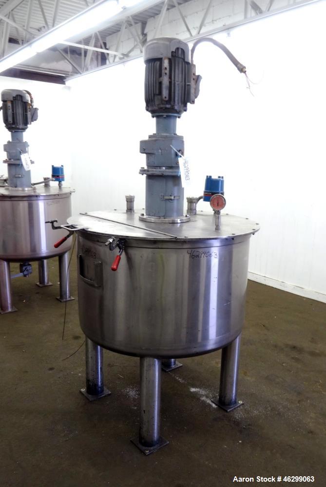 Used Tank, Approximately 120 Gallons, 304 Stainless Steel, Vertical. 40" Diameter x 22" straight side. Bolt-on flat top with 1/4 hinged cover, dished bottom. Top entering agitator, with 2" diameter s...