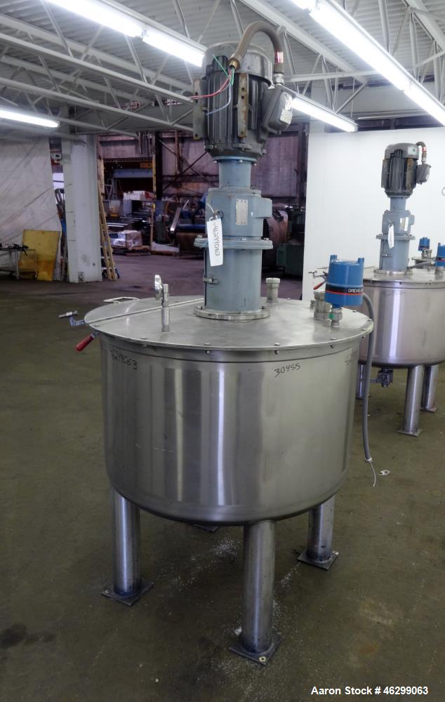 Used Tank, Approximately 120 Gallons, 304 Stainless Steel, Vertical. 40" Diameter x 22" straight side. Bolt-on flat top with 1/4 hinged cover, dished bottom. Top entering agitator, with 2" diameter s...