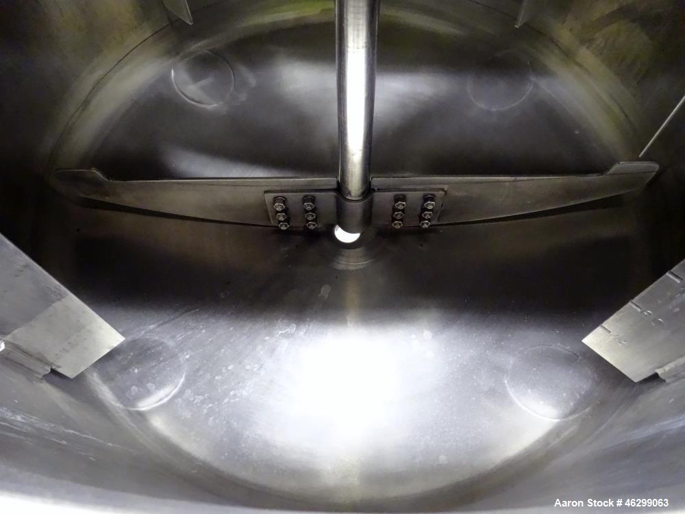 Used Tank, Approximately 120 Gallons, 304 Stainless Steel, Vertical. 40" Diameter x 22" straight side. Bolt-on flat top with 1/4 hinged cover, dished bottom. Top entering agitator, with 2" diameter s...