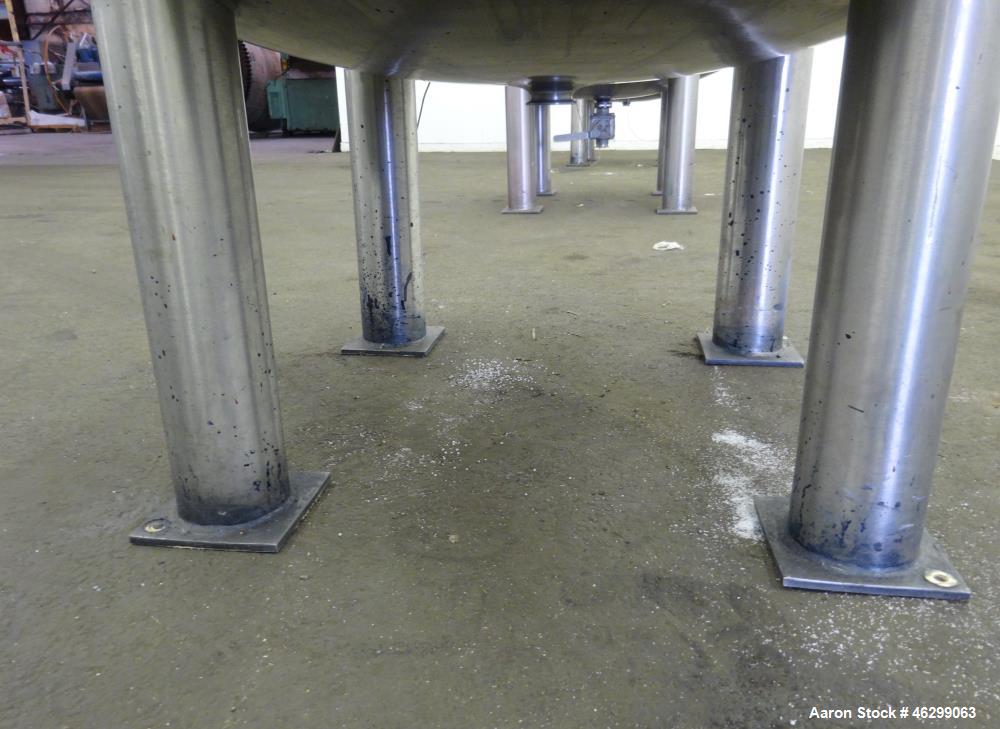 Used Tank, Approximately 120 Gallons, 304 Stainless Steel, Vertical. 40" Diameter x 22" straight side. Bolt-on flat top with 1/4 hinged cover, dished bottom. Top entering agitator, with 2" diameter s...
