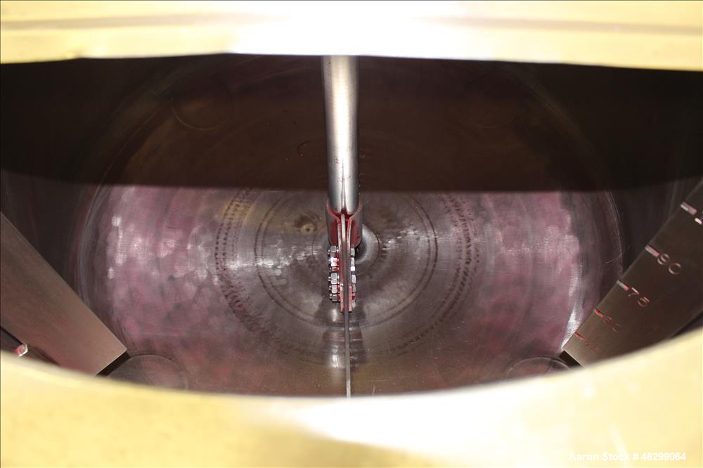 Used Tank, Approximately 120 Gallons, 304 Stainless Steel, Vertical. 40" Diameter x 22" straight side. Bolt-on flat top with 1/4 hinged cover, dished bottom. Top entering agitator, with 2" diameter s...
