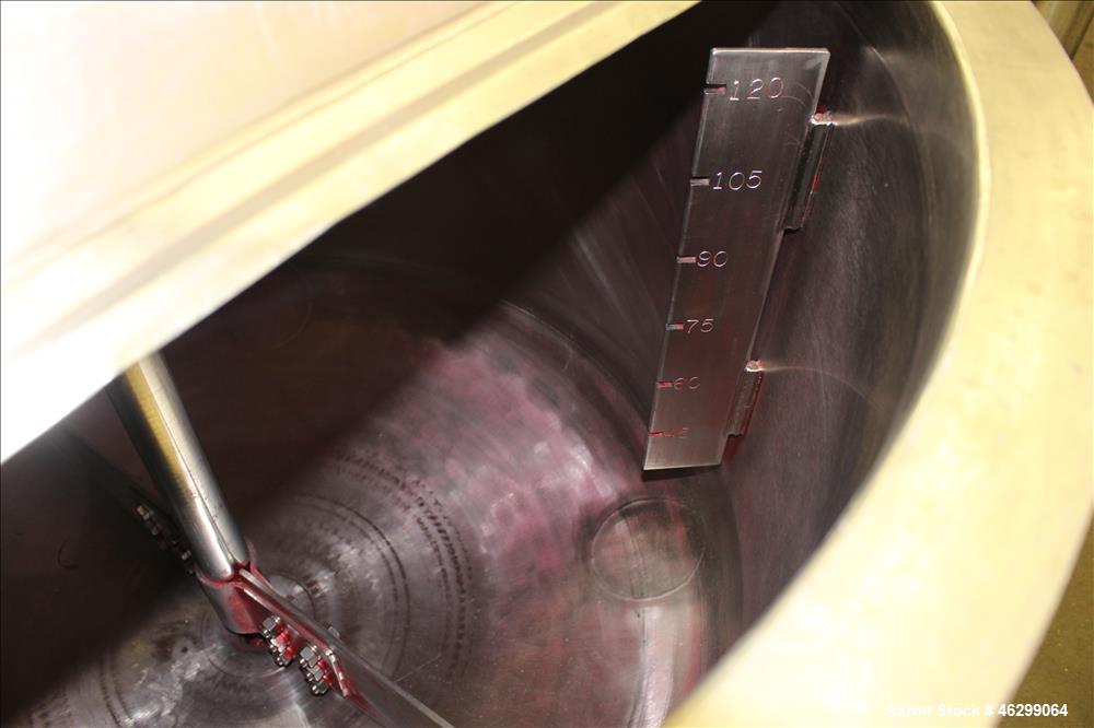 Used Tank, Approximately 120 Gallons, 304 Stainless Steel, Vertical. 40" Diameter x 22" straight side. Bolt-on flat top with 1/4 hinged cover, dished bottom. Top entering agitator, with 2" diameter s...