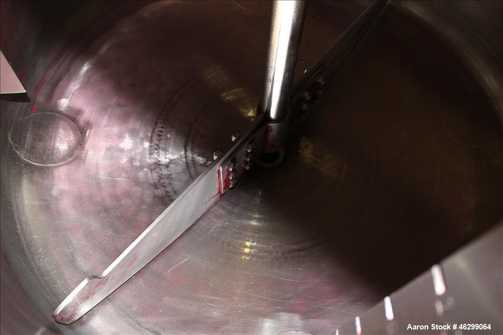 Used Tank, Approximately 120 Gallons, 304 Stainless Steel, Vertical. 40" Diameter x 22" straight side. Bolt-on flat top with 1/4 hinged cover, dished bottom. Top entering agitator, with 2" diameter s...