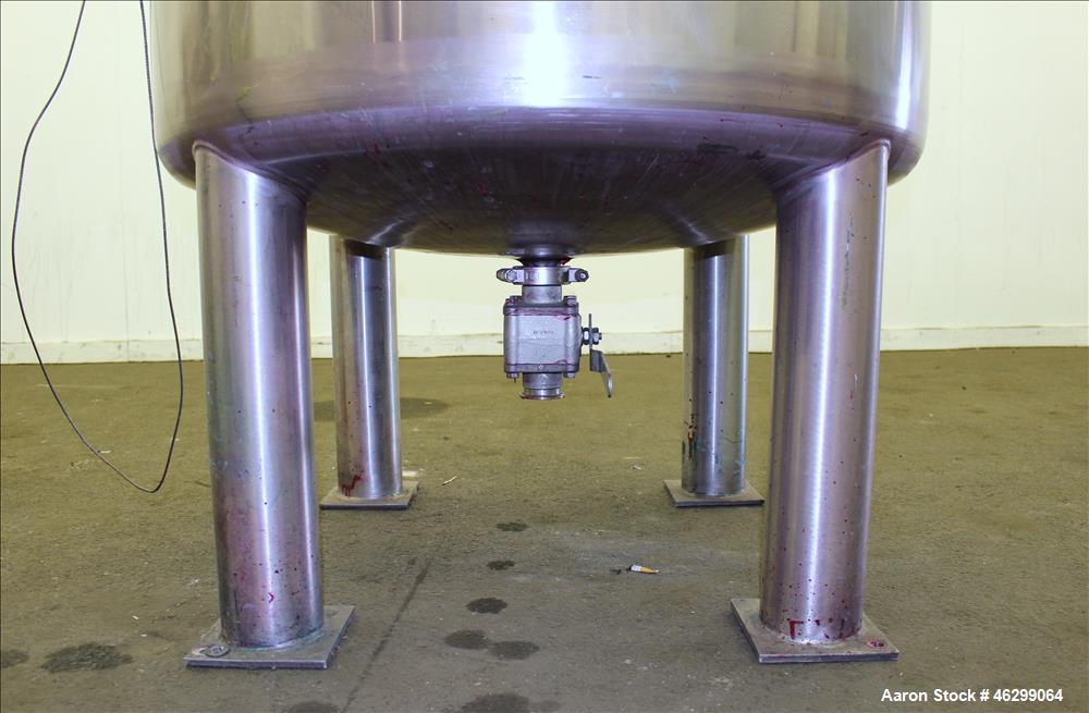 Used Tank, Approximately 120 Gallons, 304 Stainless Steel, Vertical. 40" Diameter x 22" straight side. Bolt-on flat top with 1/4 hinged cover, dished bottom. Top entering agitator, with 2" diameter s...