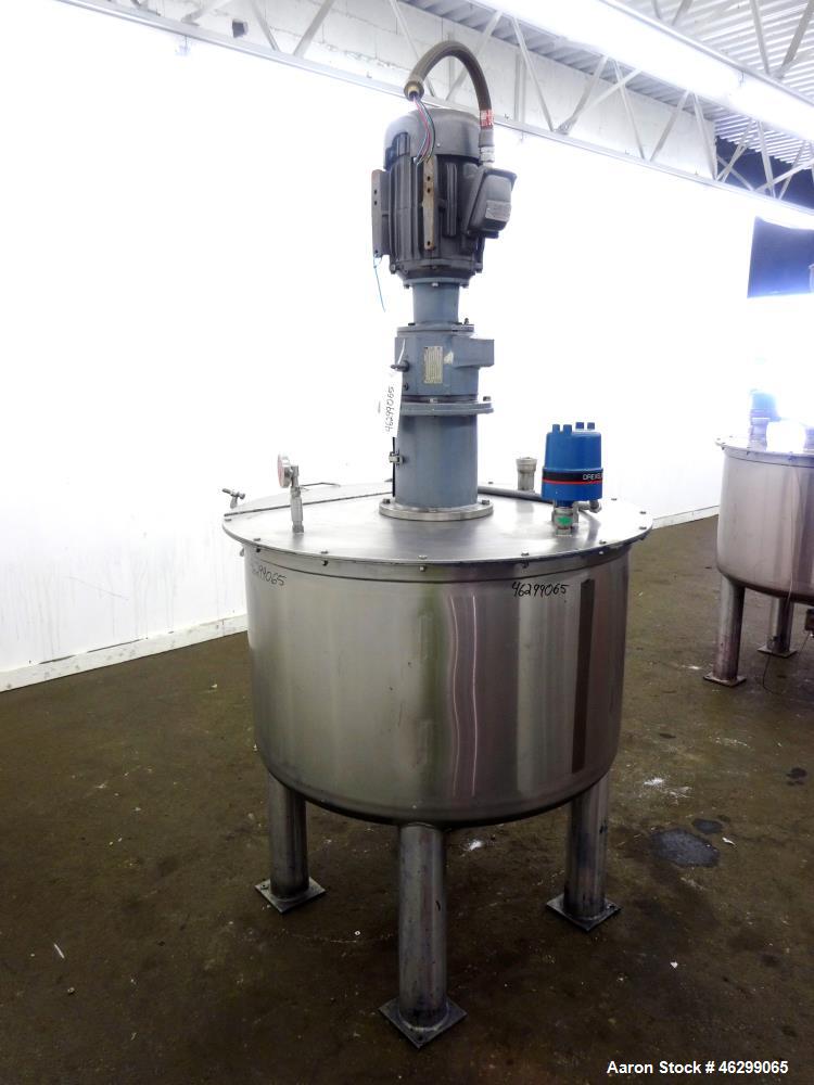 Used Tank, Approximately 120 Gallons, 304 Stainless Steel, Vertical. 40" Diameter x 22" straight side. Bolt-on flat top with 1/4 hinged cover, dished bottom. Top entering agitator, with 2" diameter s...