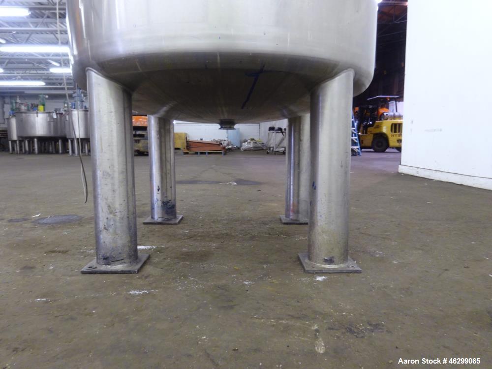 Used Tank, Approximately 120 Gallons, 304 Stainless Steel, Vertical. 40" Diameter x 22" straight side. Bolt-on flat top with 1/4 hinged cover, dished bottom. Top entering agitator, with 2" diameter s...