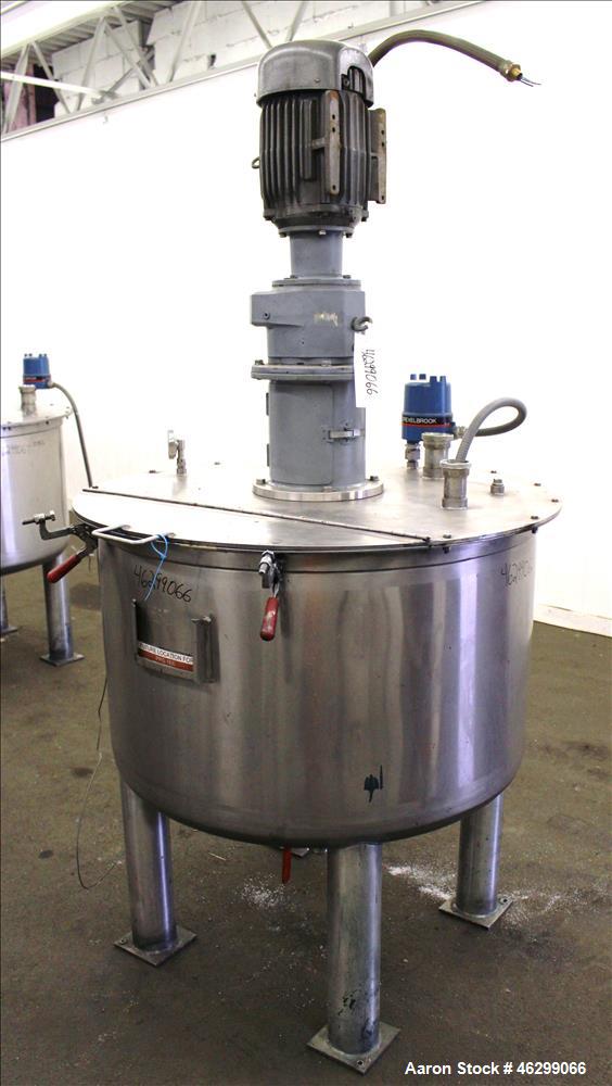 Used Tank, Approximately 120 Gallons, 304 Stainless Steel, Vertical. 40" Diameter x 22" straight side. Bolt-on flat top with 1/4 hinged cover, dished bottom. Top entering agitator, with 2" diameter s...