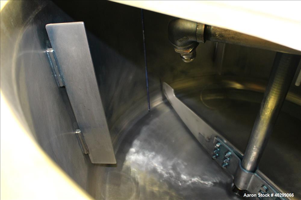 Used Tank, Approximately 120 Gallons, 304 Stainless Steel, Vertical. 40" Diameter x 22" straight side. Bolt-on flat top with 1/4 hinged cover, dished bottom. Top entering agitator, with 2" diameter s...