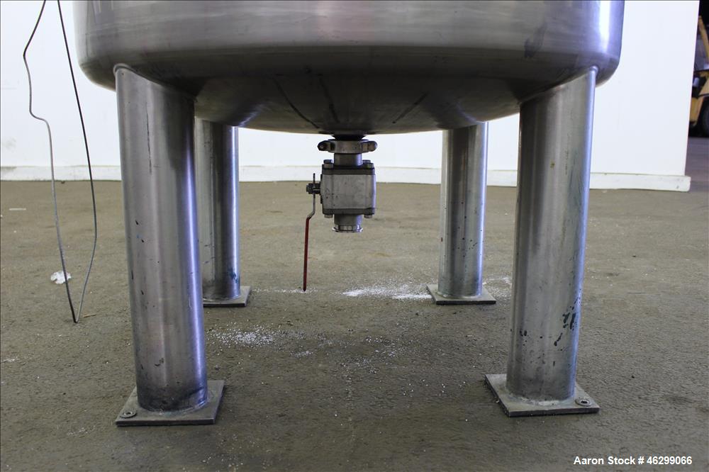Used Tank, Approximately 120 Gallons, 304 Stainless Steel, Vertical. 40" Diameter x 22" straight side. Bolt-on flat top with 1/4 hinged cover, dished bottom. Top entering agitator, with 2" diameter s...