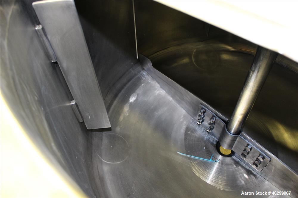 Used Tank, Approximately 120 Gallons, 304 Stainless Steel, Vertical. 40" Diameter x 22" straight side. Bolt-on flat top with 1/4 hinged cover, dished bottom. Top entering agitator, with 2" diameter s...