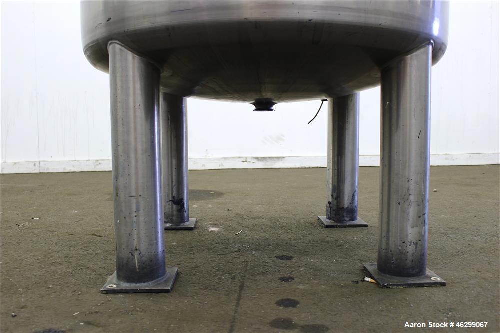 Used Tank, Approximately 120 Gallons, 304 Stainless Steel, Vertical. 40" Diameter x 22" straight side. Bolt-on flat top with 1/4 hinged cover, dished bottom. Top entering agitator, with 2" diameter s...
