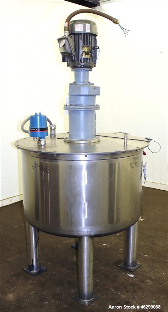 Used Tank, Approximately 120 Gallons, 304 Stainless Steel, Vertical. 40" Diameter x 22" straight side. Bolt-on flat top with 1/4 hinged cover, dished bottom. Top entering agitator, with 2" diameter s...