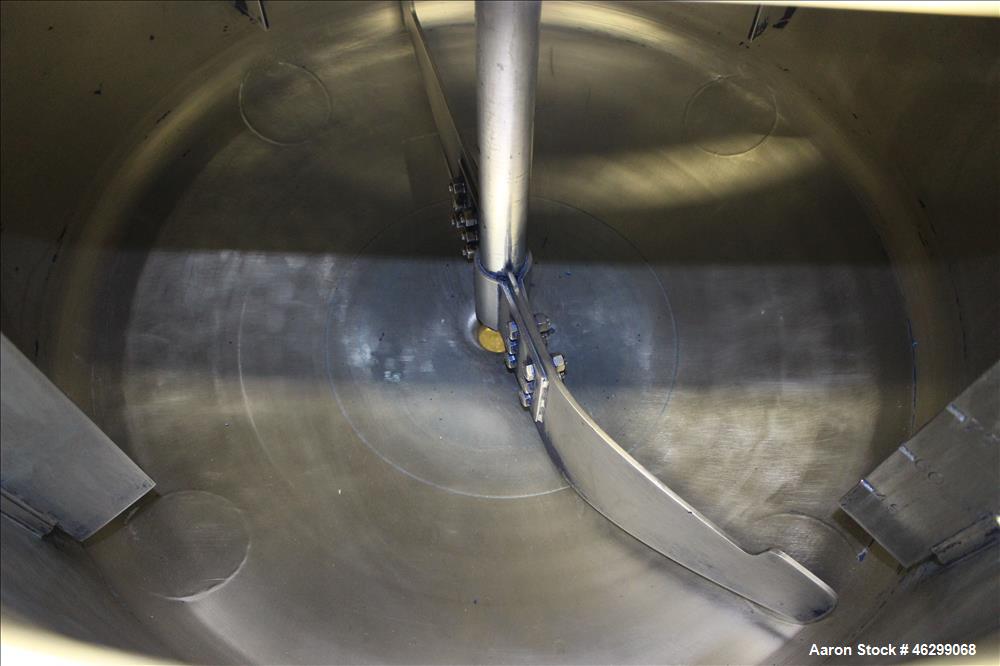 Used Tank, Approximately 120 Gallons, 304 Stainless Steel, Vertical. 40" Diameter x 22" straight side. Bolt-on flat top with 1/4 hinged cover, dished bottom. Top entering agitator, with 2" diameter s...