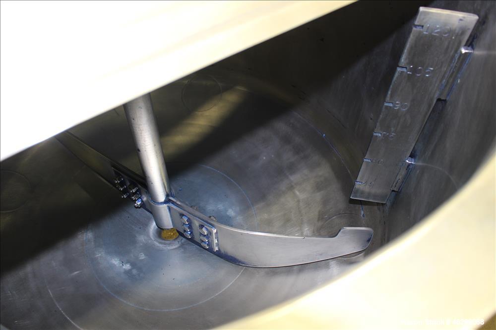 Used Tank, Approximately 120 Gallons, 304 Stainless Steel, Vertical. 40" Diameter x 22" straight side. Bolt-on flat top with 1/4 hinged cover, dished bottom. Top entering agitator, with 2" diameter s...