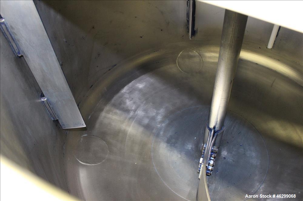 Used Tank, Approximately 120 Gallons, 304 Stainless Steel, Vertical. 40" Diameter x 22" straight side. Bolt-on flat top with 1/4 hinged cover, dished bottom. Top entering agitator, with 2" diameter s...