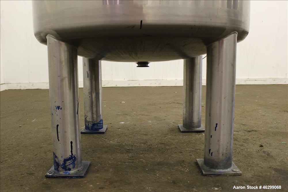 Used Tank, Approximately 120 Gallons, 304 Stainless Steel, Vertical. 40" Diameter x 22" straight side. Bolt-on flat top with 1/4 hinged cover, dished bottom. Top entering agitator, with 2" diameter s...
