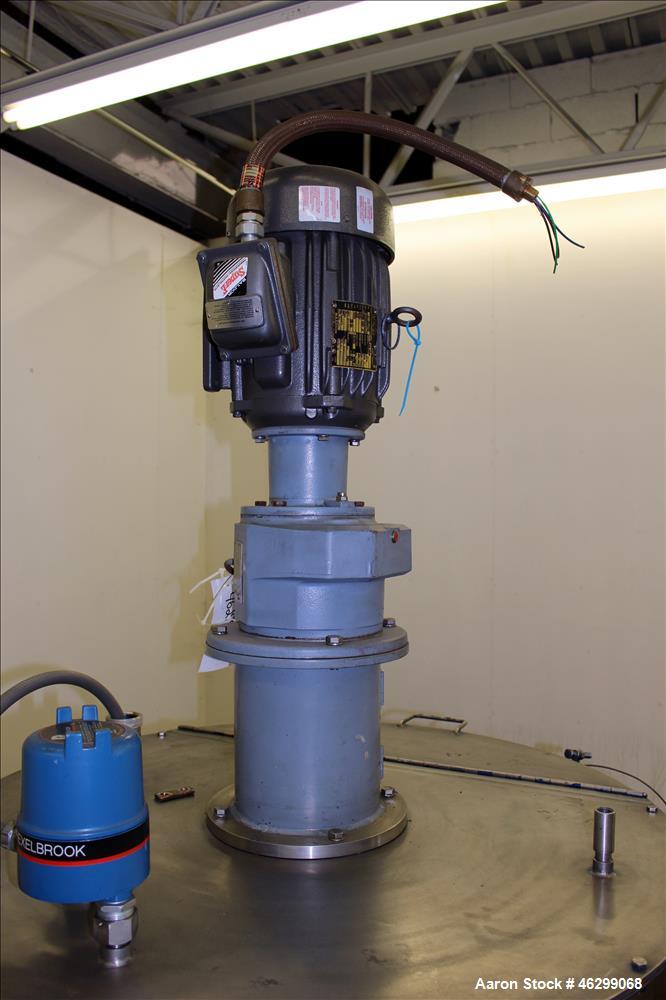 Used Tank, Approximately 120 Gallons, 304 Stainless Steel, Vertical. 40" Diameter x 22" straight side. Bolt-on flat top with 1/4 hinged cover, dished bottom. Top entering agitator, with 2" diameter s...