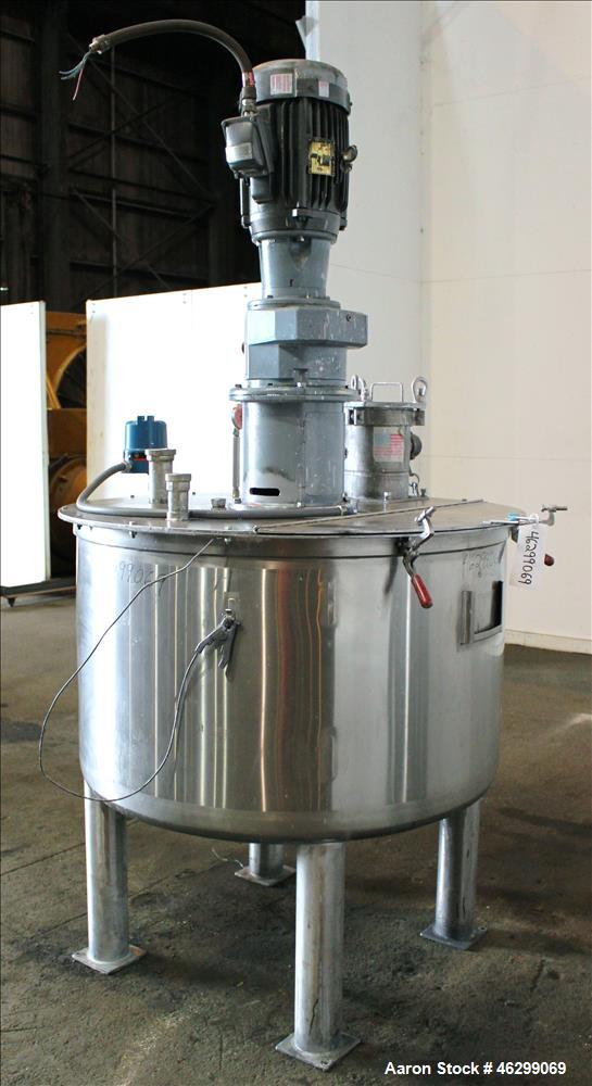 Used Tank, Approximately 200 Gallons, 304 Stainless Steel, Vertical. 46" Diameter x 25" straight side. Bolt-on flat top with 1/4 hinged cover, dished bottom. Top entering agitator, with 2-1/2" diamet...