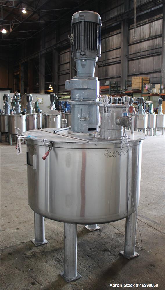 Used Tank, Approximately 200 Gallons, 304 Stainless Steel, Vertical. 46" Diameter x 25" straight side. Bolt-on flat top with 1/4 hinged cover, dished bottom. Top entering agitator, with 2-1/2" diamet...