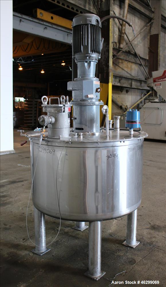Used Tank, Approximately 200 Gallons, 304 Stainless Steel, Vertical. 46" Diameter x 25" straight side. Bolt-on flat top with 1/4 hinged cover, dished bottom. Top entering agitator, with 2-1/2" diamet...