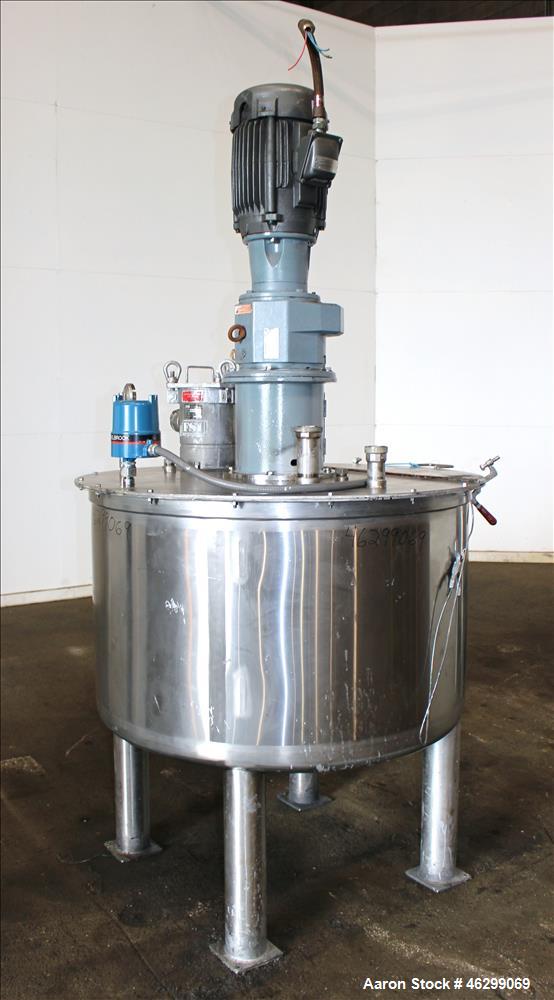 Used Tank, Approximately 200 Gallons, 304 Stainless Steel, Vertical. 46" Diameter x 25" straight side. Bolt-on flat top with 1/4 hinged cover, dished bottom. Top entering agitator, with 2-1/2" diamet...