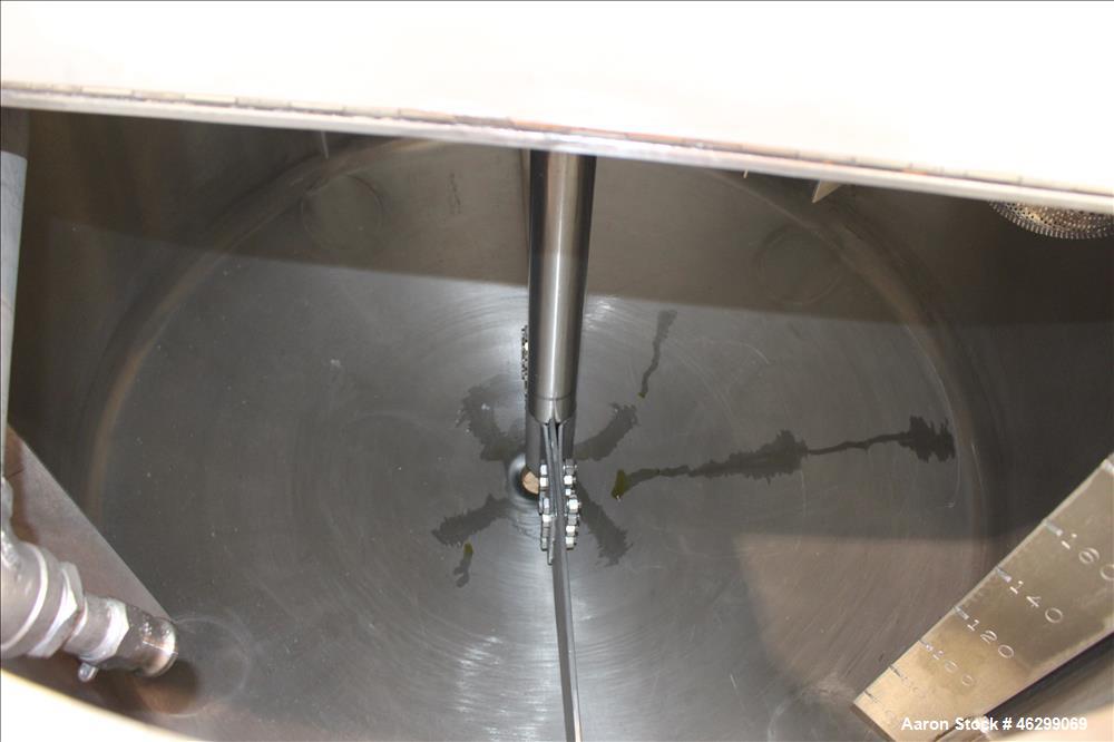 Used Tank, Approximately 200 Gallons, 304 Stainless Steel, Vertical. 46" Diameter x 25" straight side. Bolt-on flat top with 1/4 hinged cover, dished bottom. Top entering agitator, with 2-1/2" diamet...