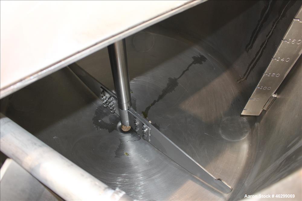 Used Tank, Approximately 200 Gallons, 304 Stainless Steel, Vertical. 46" Diameter x 25" straight side. Bolt-on flat top with 1/4 hinged cover, dished bottom. Top entering agitator, with 2-1/2" diamet...