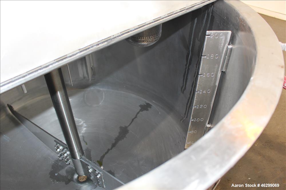 Used Tank, Approximately 200 Gallons, 304 Stainless Steel, Vertical. 46" Diameter x 25" straight side. Bolt-on flat top with 1/4 hinged cover, dished bottom. Top entering agitator, with 2-1/2" diamet...