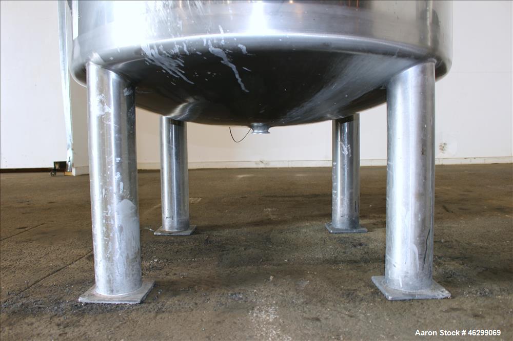 Used Tank, Approximately 200 Gallons, 304 Stainless Steel, Vertical. 46" Diameter x 25" straight side. Bolt-on flat top with 1/4 hinged cover, dished bottom. Top entering agitator, with 2-1/2" diamet...