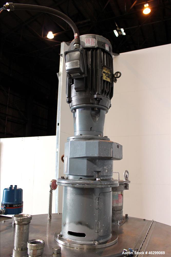 Used Tank, Approximately 200 Gallons, 304 Stainless Steel, Vertical. 46" Diameter x 25" straight side. Bolt-on flat top with 1/4 hinged cover, dished bottom. Top entering agitator, with 2-1/2" diamet...