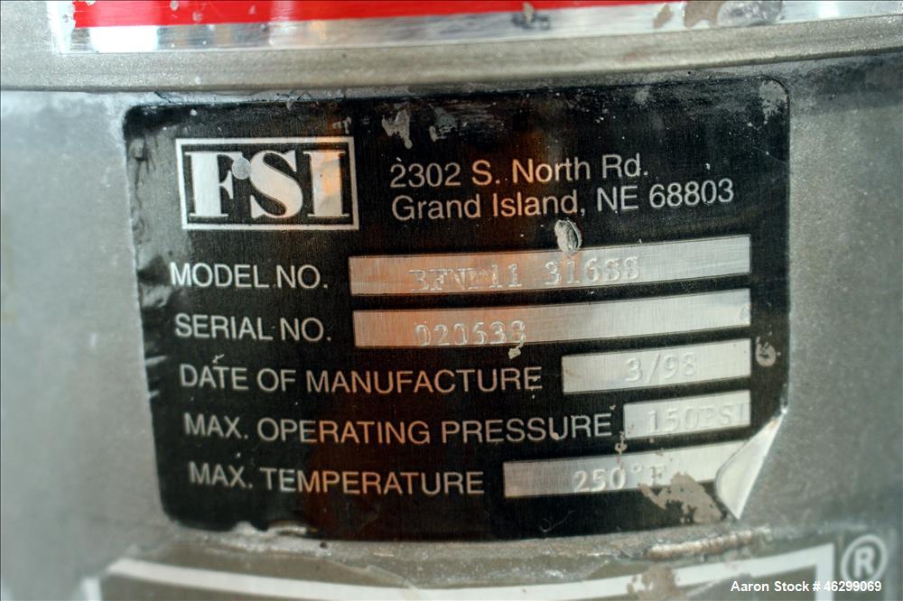 Used Tank, Approximately 200 Gallons, 304 Stainless Steel, Vertical. 46" Diameter x 25" straight side. Bolt-on flat top with 1/4 hinged cover, dished bottom. Top entering agitator, with 2-1/2" diamet...