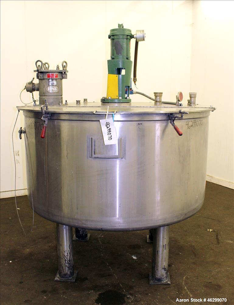 Used Tank, Approximately 350 Gallons, 304 Stainless Steel, Vertical. 60" Diameter x 28" straight side. Bolt-on flat top with 1/3 hinged cover, dished bottom. Top entering Lightnin agitator, model XJC...
