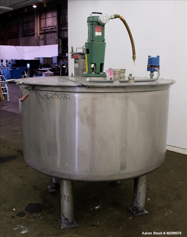 Used Tank, Approximately 350 Gallons, 304 Stainless Steel, Vertical. 60" Diameter x 28" straight side. Bolt-on flat top with 1/3 hinged cover, dished bottom. Top entering Lightnin agitator, model XJC...