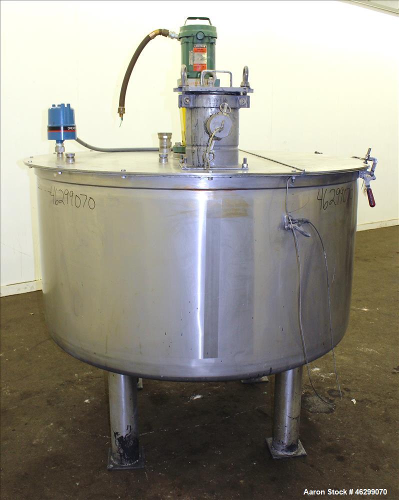Used Tank, Approximately 350 Gallons, 304 Stainless Steel, Vertical. 60" Diameter x 28" straight side. Bolt-on flat top with 1/3 hinged cover, dished bottom. Top entering Lightnin agitator, model XJC...