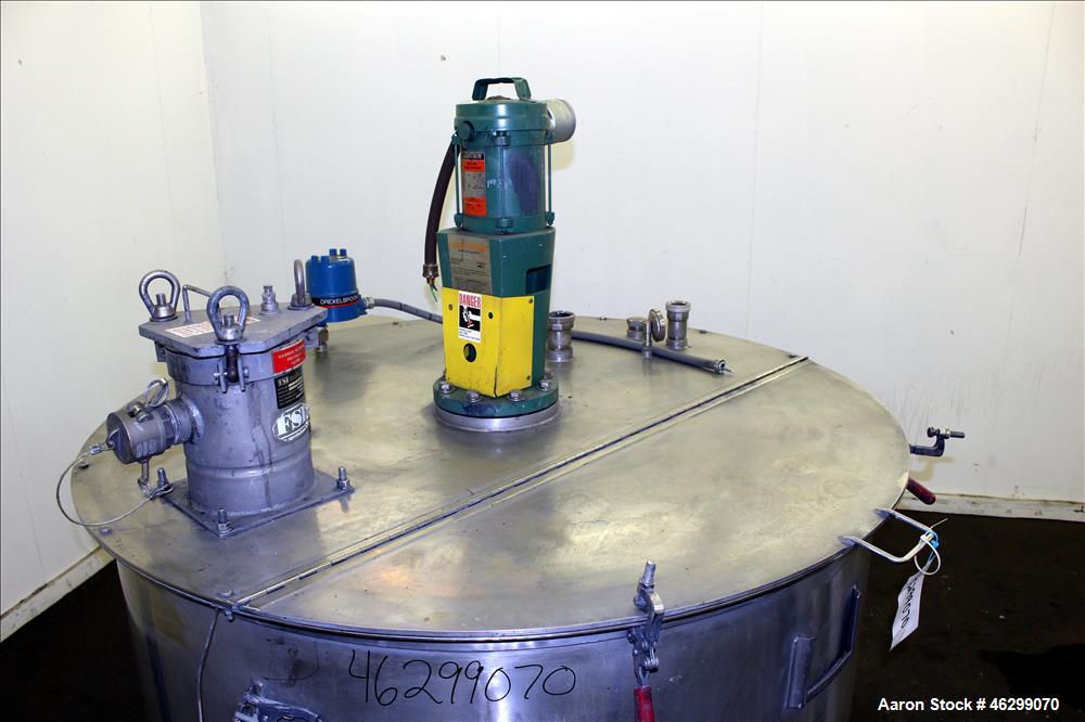 Used Tank, Approximately 350 Gallons, 304 Stainless Steel, Vertical. 60" Diameter x 28" straight side. Bolt-on flat top with 1/3 hinged cover, dished bottom. Top entering Lightnin agitator, model XJC...