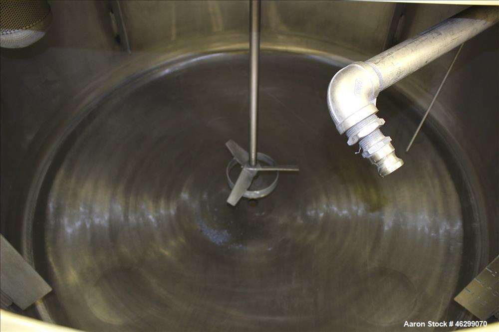 Used Tank, Approximately 350 Gallons, 304 Stainless Steel, Vertical. 60" Diameter x 28" straight side. Bolt-on flat top with 1/3 hinged cover, dished bottom. Top entering Lightnin agitator, model XJC...