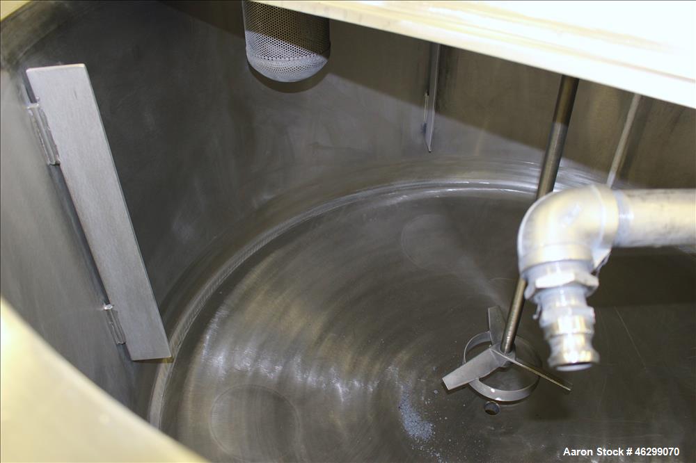 Used Tank, Approximately 350 Gallons, 304 Stainless Steel, Vertical. 60" Diameter x 28" straight side. Bolt-on flat top with 1/3 hinged cover, dished bottom. Top entering Lightnin agitator, model XJC...