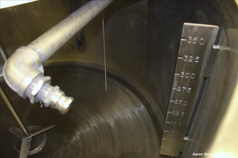 Used Tank, Approximately 350 Gallons, 304 Stainless Steel, Vertical. 60" Diameter x 28" straight side. Bolt-on flat top with 1/3 hinged cover, dished bottom. Top entering Lightnin agitator, model XJC...