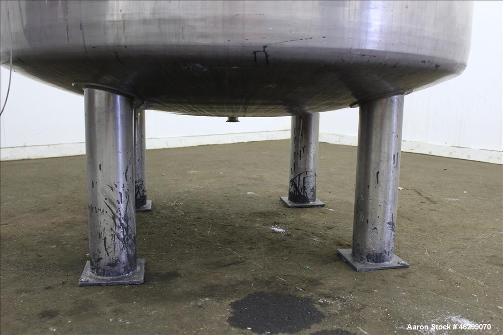 Used Tank, Approximately 350 Gallons, 304 Stainless Steel, Vertical. 60" Diameter x 28" straight side. Bolt-on flat top with 1/3 hinged cover, dished bottom. Top entering Lightnin agitator, model XJC...