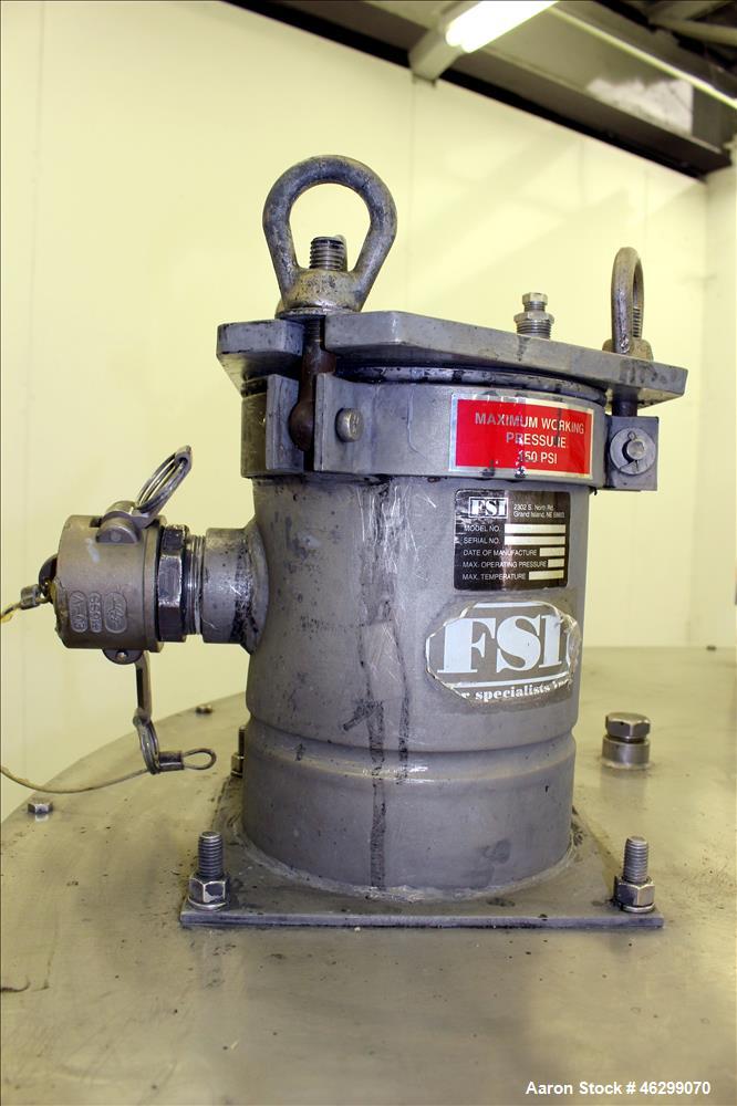 Used Tank, Approximately 350 Gallons, 304 Stainless Steel, Vertical. 60" Diameter x 28" straight side. Bolt-on flat top with 1/3 hinged cover, dished bottom. Top entering Lightnin agitator, model XJC...