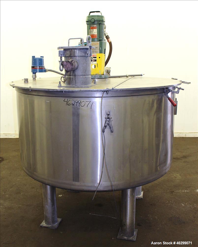 Used Tank, Approximately 350 Gallons, 304 Stainless Steel, Vertical. 60" Diameter x 28" straight side. Bolt-on flat top with 1/3 hinged cover, dished bottom. Top entering Lightnin agitator, model XJC...
