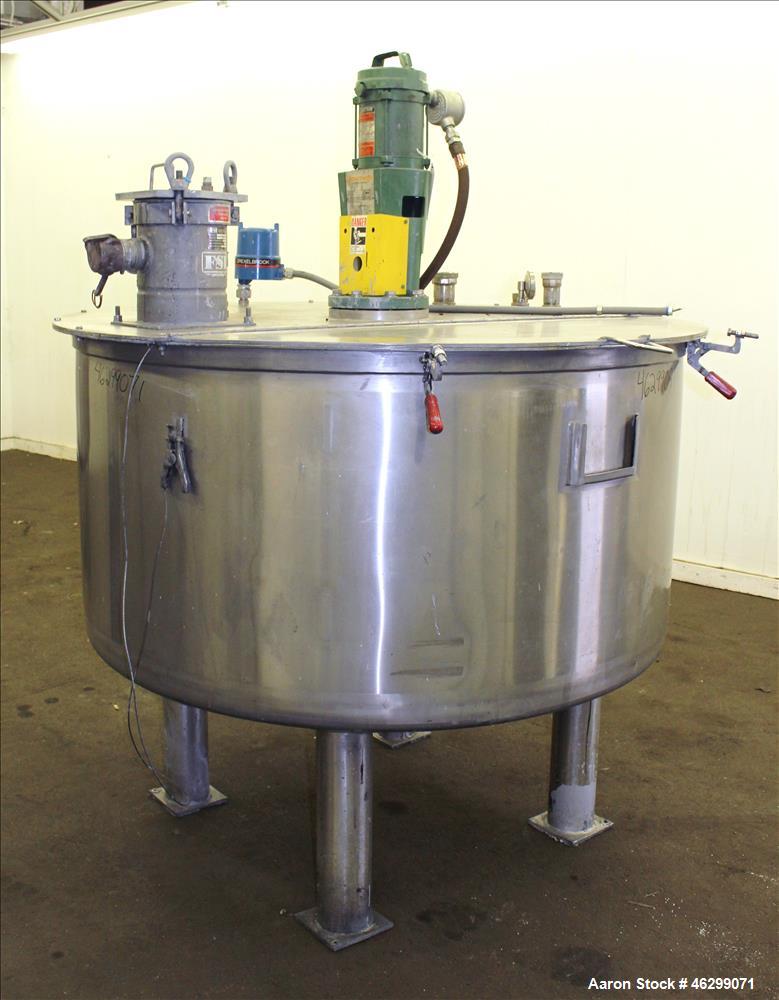 Used Tank, Approximately 350 Gallons, 304 Stainless Steel, Vertical. 60" Diameter x 28" straight side. Bolt-on flat top with 1/3 hinged cover, dished bottom. Top entering Lightnin agitator, model XJC...