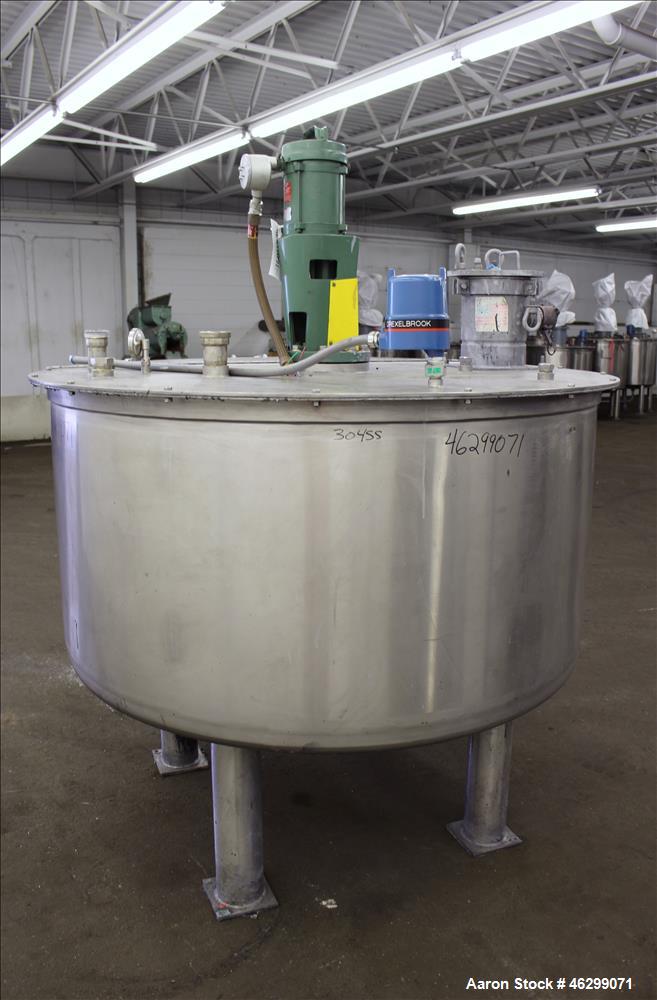 Used Tank, Approximately 350 Gallons, 304 Stainless Steel, Vertical. 60" Diameter x 28" straight side. Bolt-on flat top with 1/3 hinged cover, dished bottom. Top entering Lightnin agitator, model XJC...